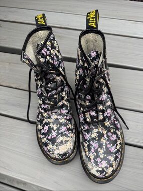 Dr. Martens Black Floral Lace-Up Boots with Pink & Cream Flowers